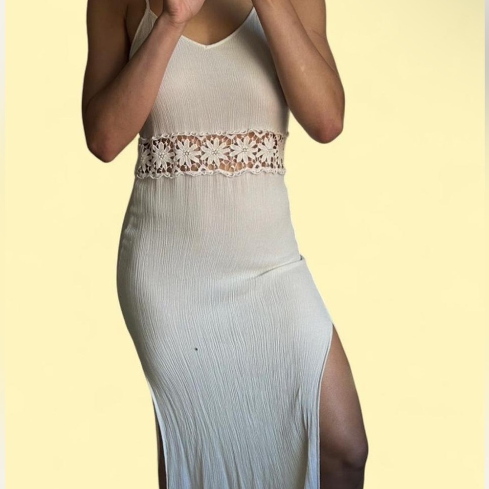 Cream Midi Dress with Lace Waist Detail